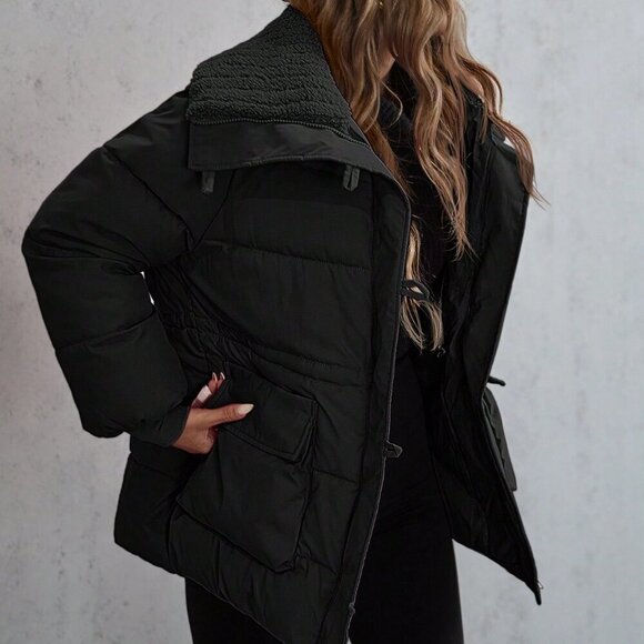 Black Casual Women's Thick Faux Shearling Oversized Collar Puffer Jacket - Picture 1 of 9